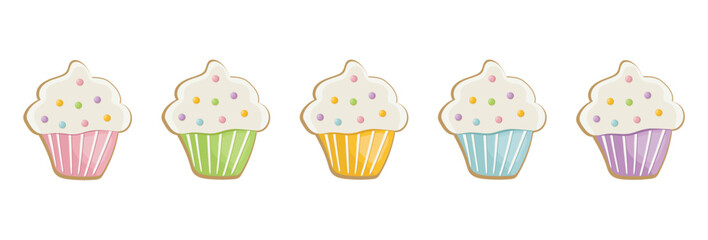 Easter colorful cupcakes with sprinkles of sweet peas. Festive muffins for a happy easter. Vector isolated illustration of festive food on a transparent background.
