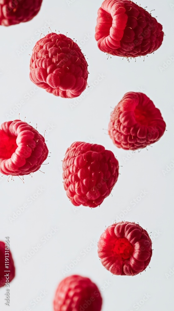 Poster several ripe, red raspberries levitate against a clean white backdrop, creating a visually appealing