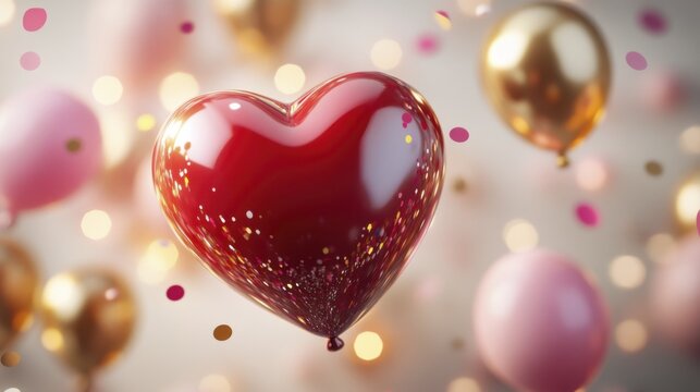 Heart-shaped balloon amidst golden and pink balloons with confetti decorations