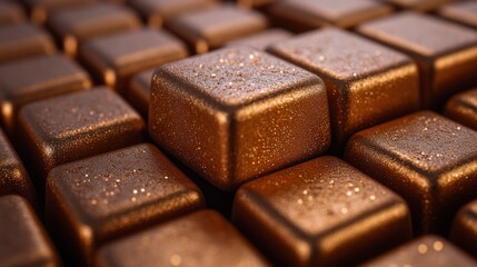 Close-up of Sparkling Bronze Cubes, Abstract Geometric Texture
