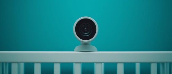 A modern baby monitor camera sits on a white crib, offering peace of mind to parents. The calming teal background enhances the cozy ambiance of a child's nursery.