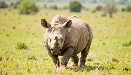 Fototapeta premium Rhino walking in a grassy field