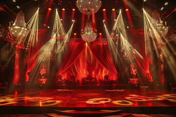 Red Theater Stage with Dramatic Lighting and Velvet Curtains, Elegant Performance Venue Setup with Spotlight and Theatrical Atmosphere