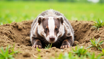 Badger exploring its burrow in a green field