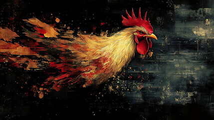 Fototapeta premium Abstract depiction of Saint Peter’s sorrow with fragmented shapes and dark, muted tones, a glowing crowing rooster as the central focal point, vibrant gold and crimson hues emanating from the rooster,