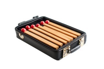 Colorful wooden mallet instruments stored in a black suitcase for musical performances and creative play
