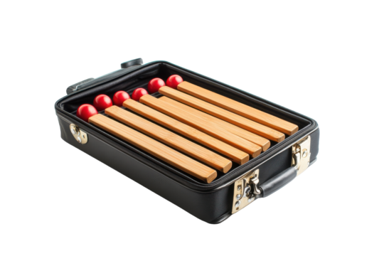 Colorful wooden mallet instruments stored in a black suitcase for musical performances and creative play