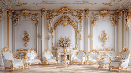 Fototapeta premium elegant rococo interior with gold and white decor featuring ornate gilded furniture and baroque style accents in a luxury palace living room with formal classic architectural details