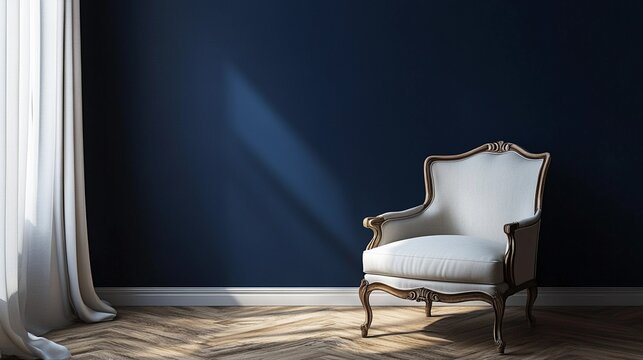 Modern armchair against empty wall in minimalist room interior background.