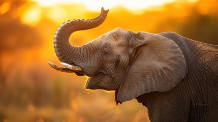 Elephant with Raised Trunk Silhouetted Against a Stunning Sunset