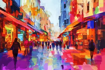 Fototapeta premium Vibrant city street scene with pedestrians