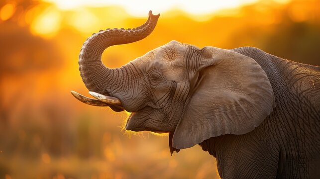 Elephant with Raised Trunk Silhouetted Against a Stunning Sunset