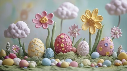 Colorful pastel easter eggs and flowers in a whimsical garden setting