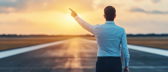 A person stands on an airport runway, pointing towards the horizon as the sun sets. The scene captures a moment of inspiration and journey, symbolizing dreams and new beginnings.
