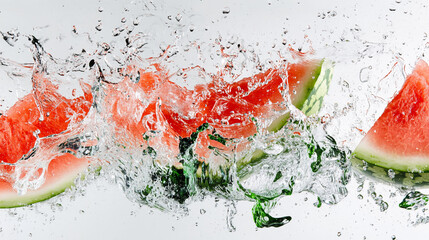 Fresh watermelon slices splashing in clear water on a white background