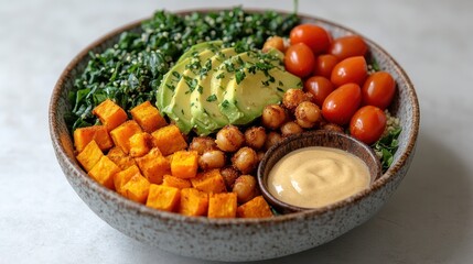 creamy avocado slices, fluffy quinoa, roasted sweet potato chunks, juicy cherry tomatoes, fresh spinach leaves, and spiced roasted chickpeas