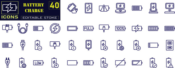 Line icons about battery charging. Contains such icons as charger, ev charger station, power bank and more.