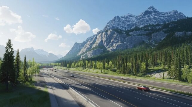 Scenic highway through majestic mountains with cars driving on sunny day.