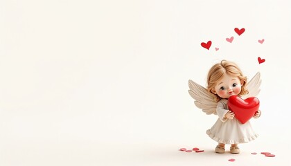 Sweet Angel Figurine Surrounded by Floating Hearts with Pure White Background with Copy Space