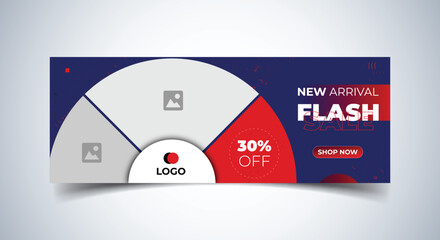 Flash sale facebook cover page timeline web ad banner template with photo place. modern layout dark blue background and red shape design	
