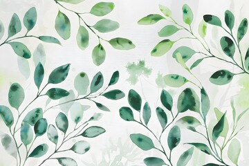 Watercolor Painting of Green Leaves on Branches with a Light Background.