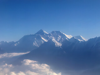 Mount Everest on a cloudless day with blue sky. Photographed from an airplane