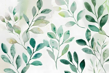 Fototapeta premium Watercolor Painting of Green Leaves on Branches with a Light Background.