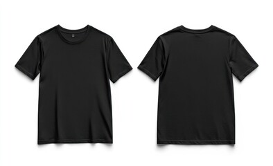 Black T-shirt mockup, front and back views, studio shot, white background, apparel design