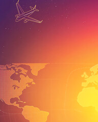 Naklejka premium Futuristic abstract travel background with a digital map, flying planes, and vibrant neon accents symbolizing the journey to unexplored destinations