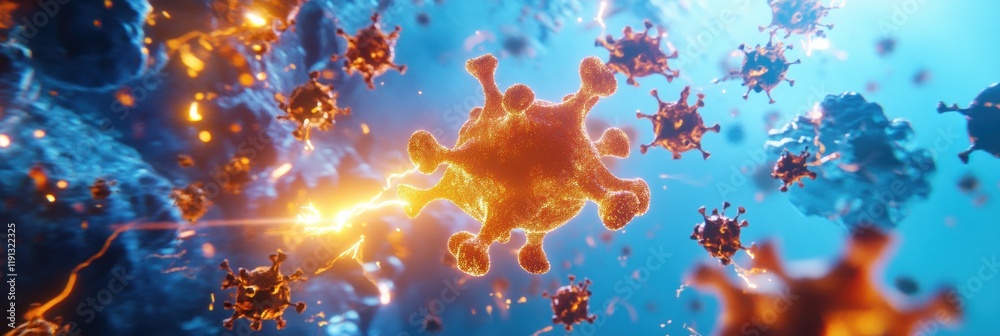 Poster visualization of antibodies targeting glowing viruses in a vibrant microscopic environment. generati
