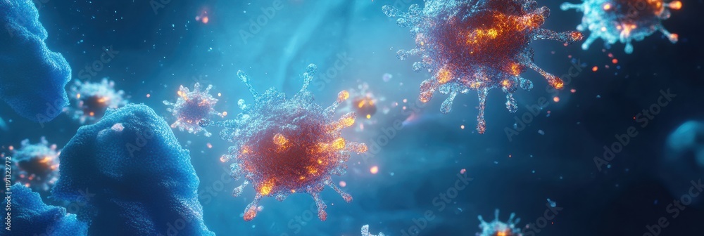 Leinwandbilder visualized antibodies engage with glowing viruses in a dynamic biological environment. generative ai