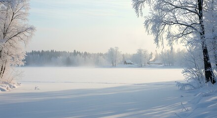 Tranquil Winter Landscape with Frosted Trees, Snow-Covered Fields, and Cozy Cabins &ndash; Ideal for Seasonal Postcards, Wallpapers, or Nature-Themed Designs