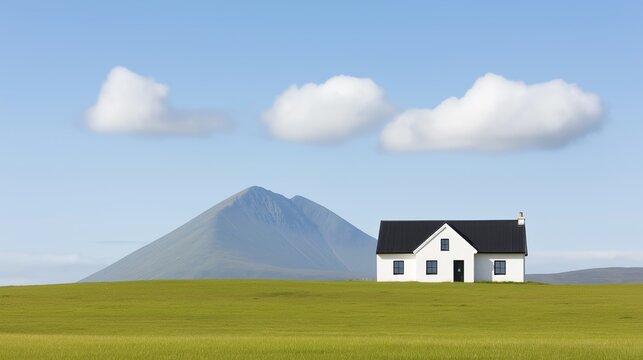A serene landscape featuring a solitary white house nestled in a vibrant green field, with a majestic mountain backdrop and a clear blue sky, embodying tranquility and nature's bea