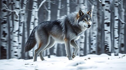 Obraz premium A lone gray and white wolf, fur thick and shaggy, stands centrally in a snowy birch forest. Warm golden hour light bathes the scene in reds, oranges, and yellows. The background is a blurred monochro