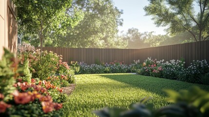 Obraz premium Sunlit backyard, lush grass, colorful flowers, wooden fence.