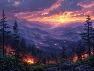 Sparsely Vegetated Appalachian Mountains with Distant Fires and Frasier Firs