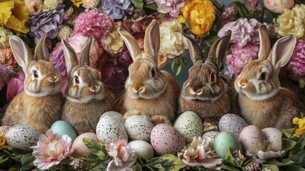 Adorable rabbits with easter eggs and colorful flowers in a springtime setting