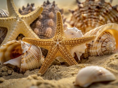 Antique starfish and seashells scattered on sandy beach surface