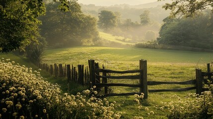 Obraz premium Sunlit meadow, wooden fence, wildflowers, misty hills.