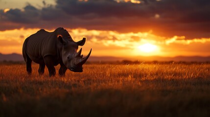 Fototapeta premium Majestic Rhino at Sunset in African Savanna