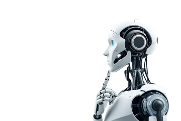 Fototapeta premium A futuristic humanoid robot with a sleek white design, holding a finger to its lips in a gesture of silence against a plain white background. Artificial intelligence robot thinking.
