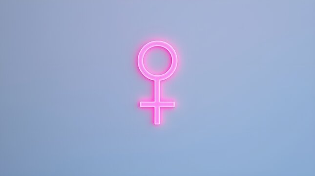 Neon pink female symbol glowing on light blue background representing feminism and empowerment