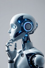 A futuristic humanoid robot with a sleek white design, holding a finger to its lips in a gesture of silence against a plain white background. Artificial intelligence robot thinking.