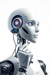 A futuristic humanoid robot with a sleek white design, holding a finger to its lips in a gesture of silence against a plain white background. Artificial intelligence robot thinking.