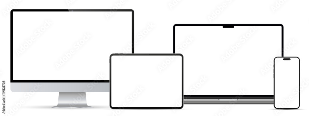 Poster Modern laptop computer, monitor, tablet pc and mobile phone mockup front view, notebook mockup and phone device mockup ui ux app, digital devices screen template isolated on transparent