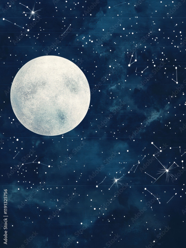 Poster Stunning view of a starry night sky featuring a bright full moon and visible constellations in the vast universe. Generative AI