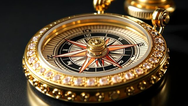Elegant gold compass on display, showcasing intricate design and craftsmanship with sparkling embellishments