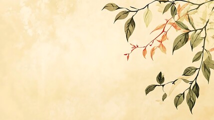 Elegant Branch with Green and Red Leaves on Beige Background