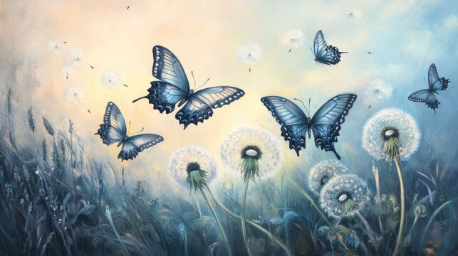 Fototapeta Blue butterflies flutter around fluffy dandelion seeds in a soft, dreamy landscape painting.