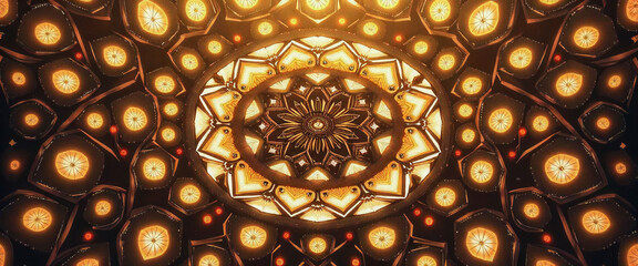 A large, ornate gold flower with many small clocks on it. The flower is surrounded by a dark background